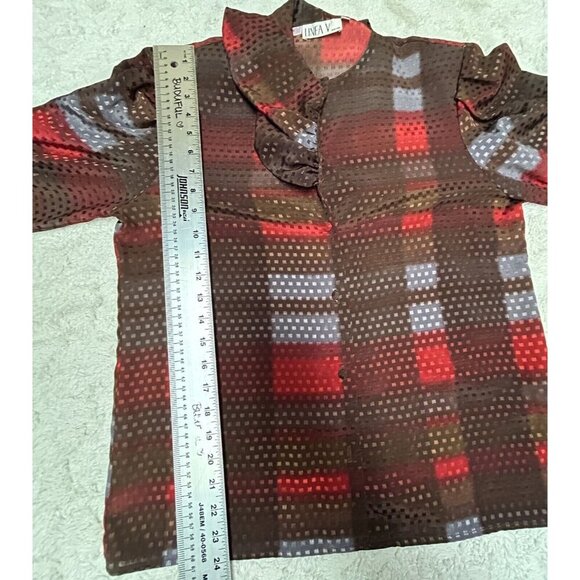 Vintage 80s Linea V Womens Size 10 Secretary Blouse Long Sleeve Jacquard Brown - Picture 8 of 8